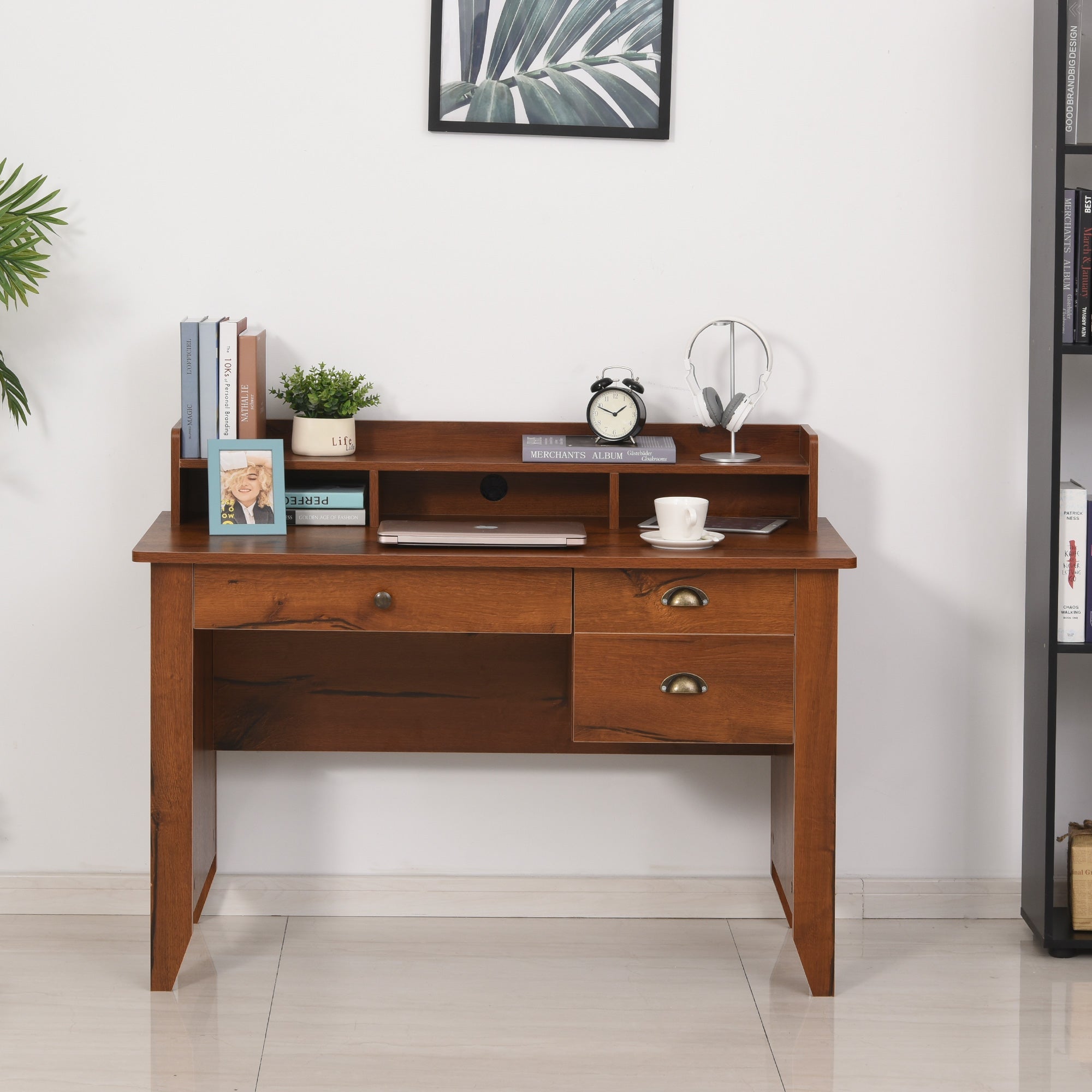 HOMCOM Home Office Desk with Hutch Storage Brown Writing Table with Drawers Shelf & Cable Management for Study Workstation