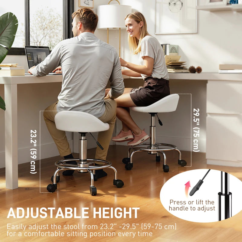PU Leather Rolling Stool, Height Adjustable Swivel Salon Chair with Backrest and Foot Rest for Spa, Tattoo, White