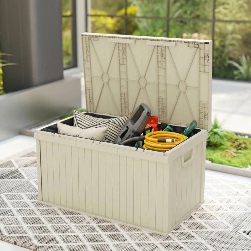 70 Gallon Deck Box, Resin Outdoor Storage Box with Handles, Waterproof Storage Container for Garden Tools, Sand