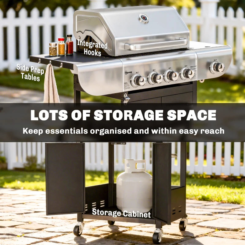 Outsunny 4 Burner Propane Gas Grill with Side Burner, 53,000 BTU BBQ Grill with Cast Iron Grates, Wheels, Warming Rack, Cabinet