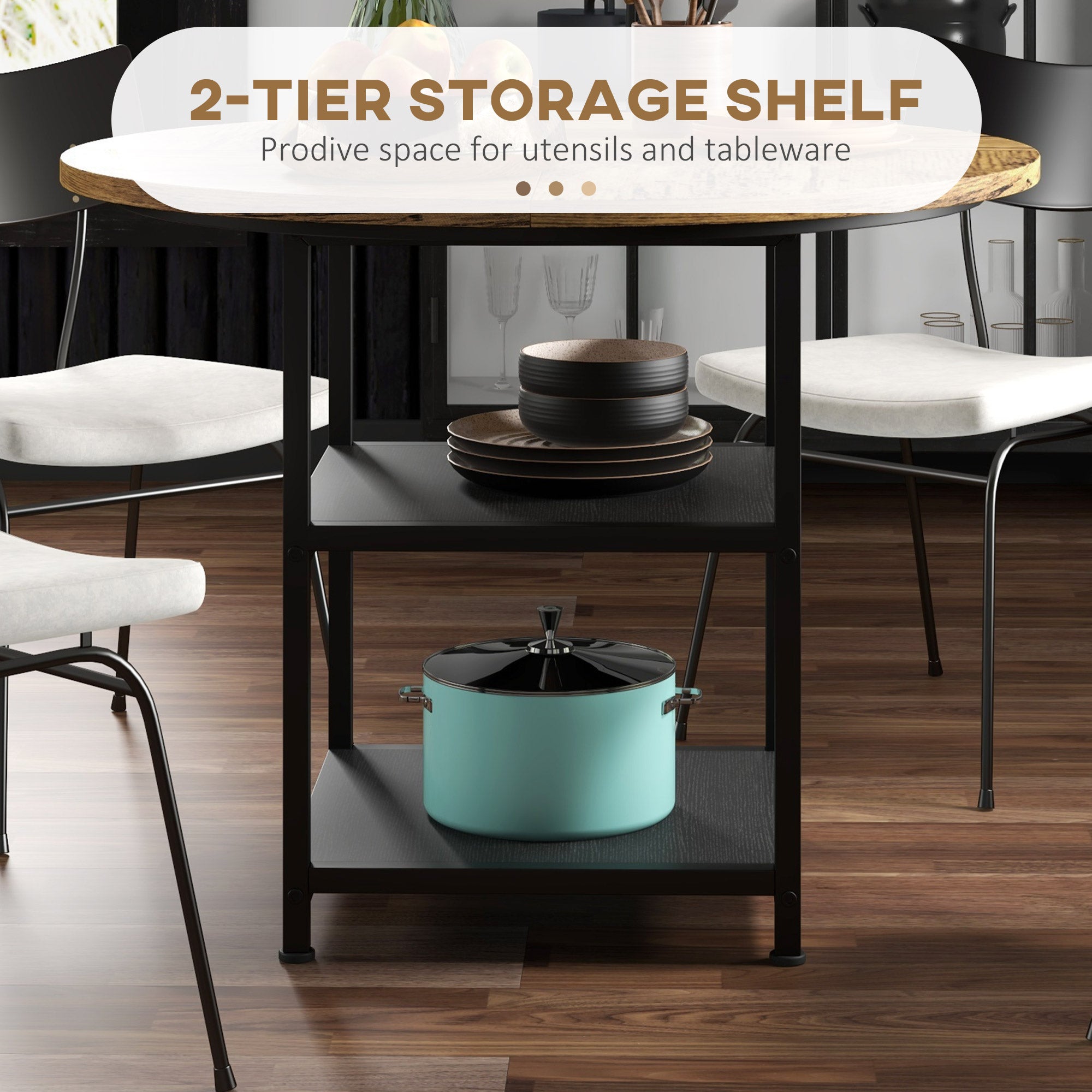 HOMCOM 39.4" Round Industrial Dining Table for 4-6 People with Storage Shelves Rustic Brown Kitchen Table