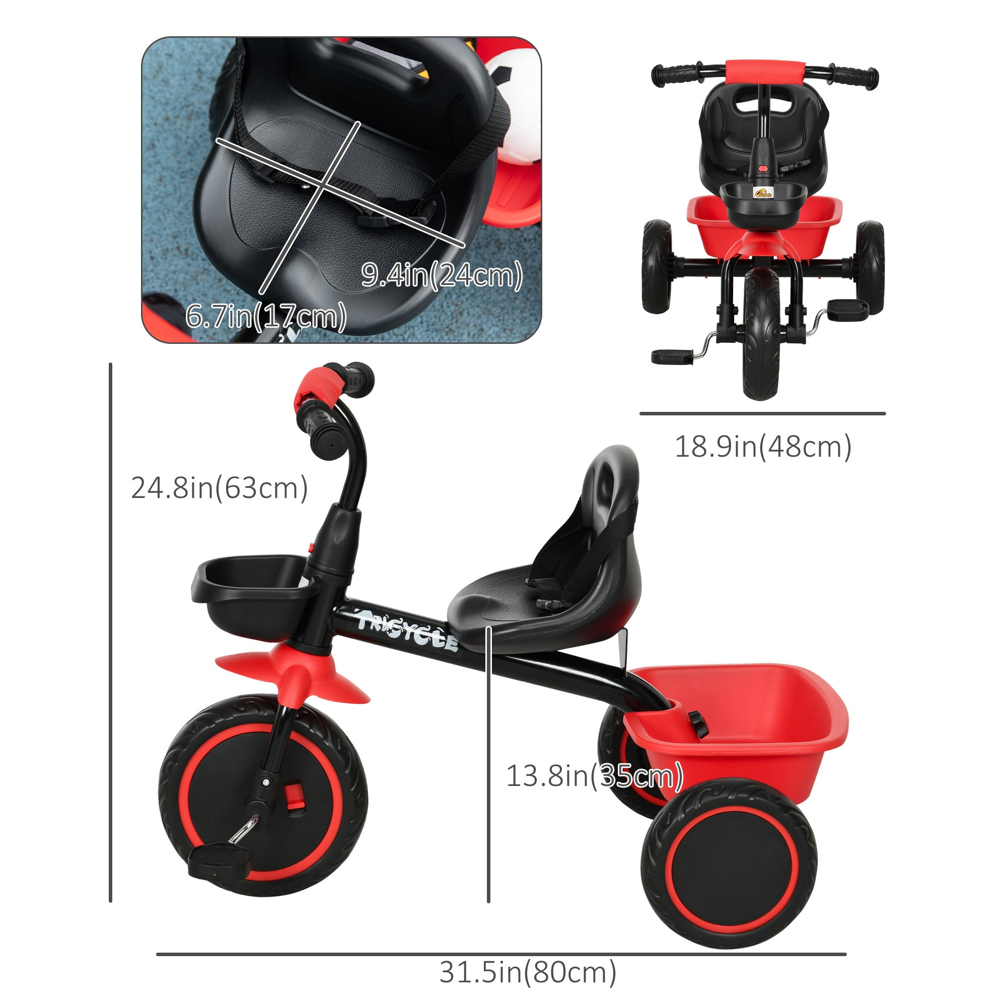 Qaba Kids Tricycle: Adjustable Seat 2-5 Years, Storage Baskets, for Girls/Boys in Red
