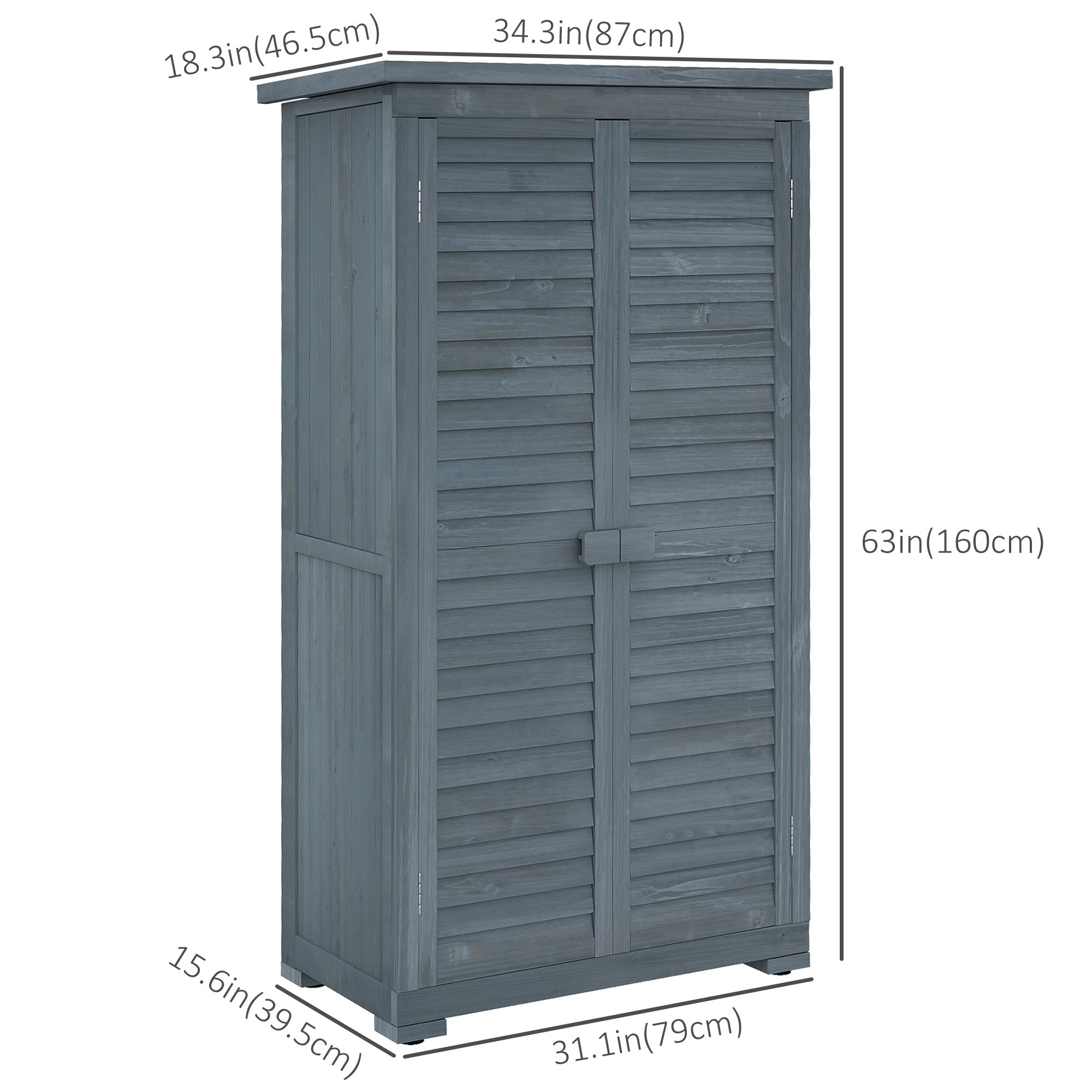 Outsunny Outdoor Garden Shed with 3-Tier Shelves & Asphalt Roof - Wooden Tool Storage Solution, Shutter Doors, 34.3"x18.3"x63", Grey
