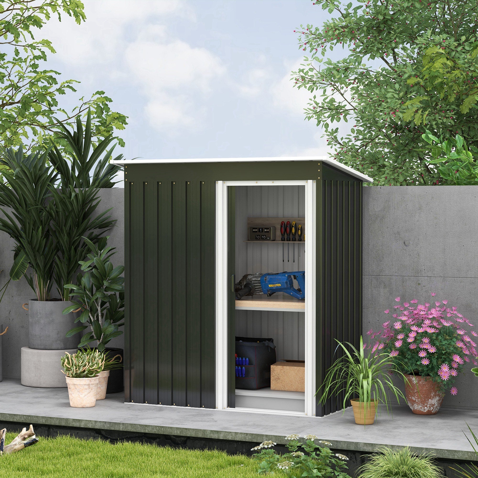Outsunny Large Outdoor Shed 163x89x182cm Sliding Door, Sloped Roof, Sturdy Steel Frame, Tool Storage, in Black