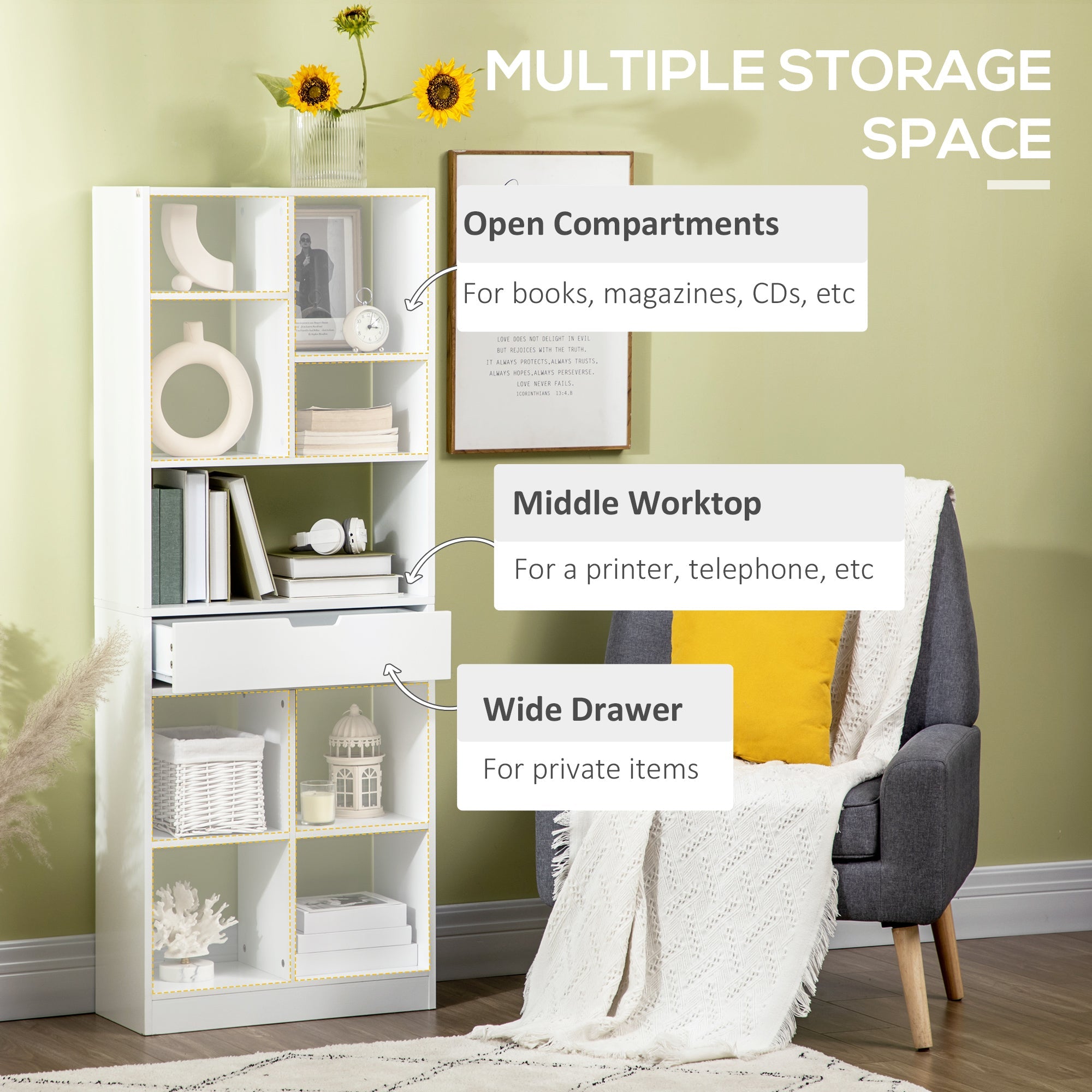 HOMCOM Freestanding Wooden Bookshelf Bookcase with Drawer, Display Shelf Storage Unit for Home Office, White Finish