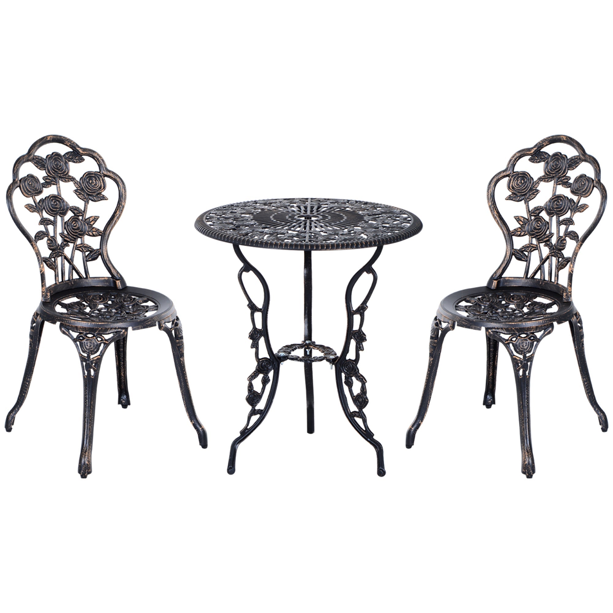 Outsunny 3PC Patio Bistro Set Cast Aluminum Outdoor Garden Table Chairs with Umbrella Hole Bronze