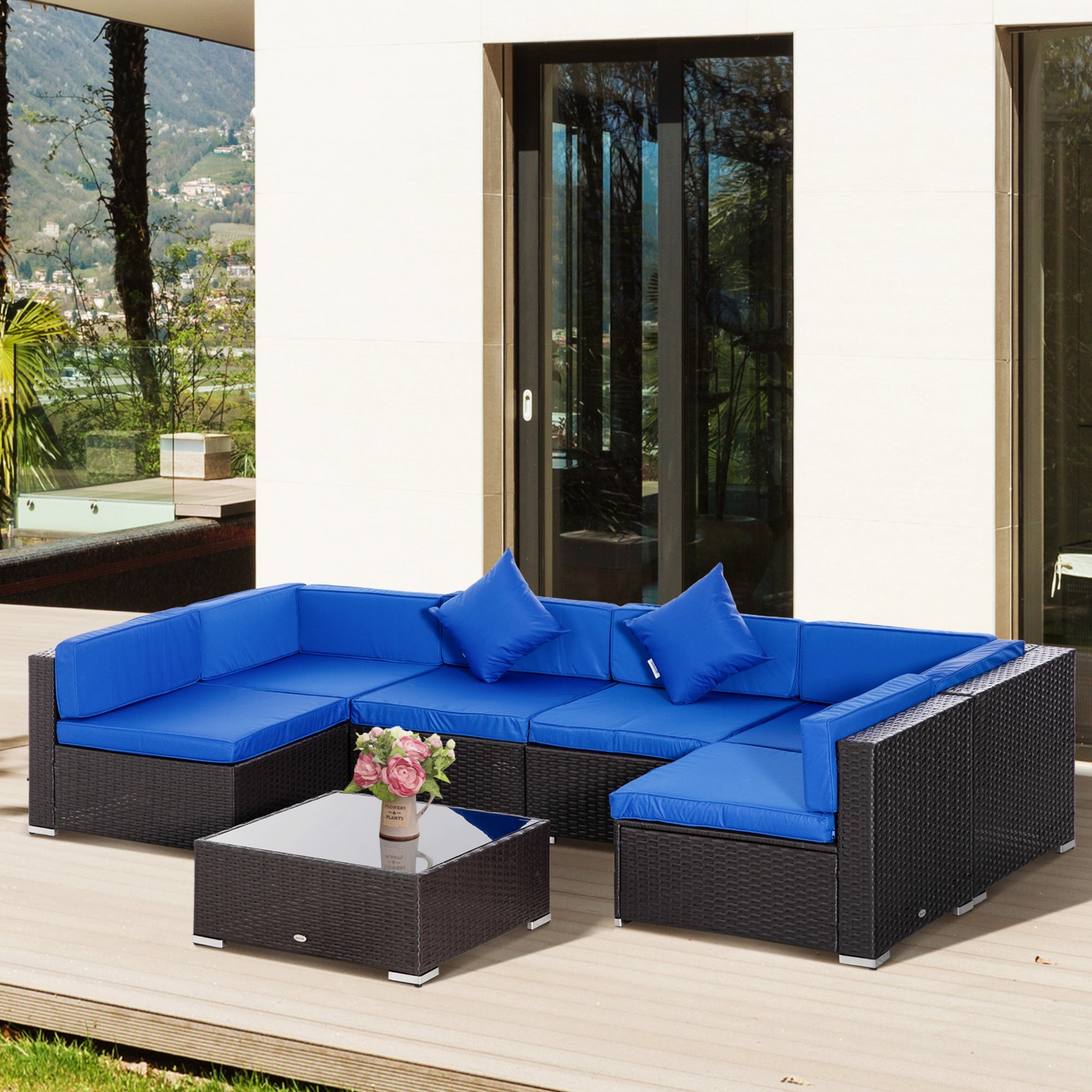 Outsunny 7-Piece Outdoor Sofa Set, Patio Wicker Sectional Sofa with Tempered Glass Coffee Table & Cushions
