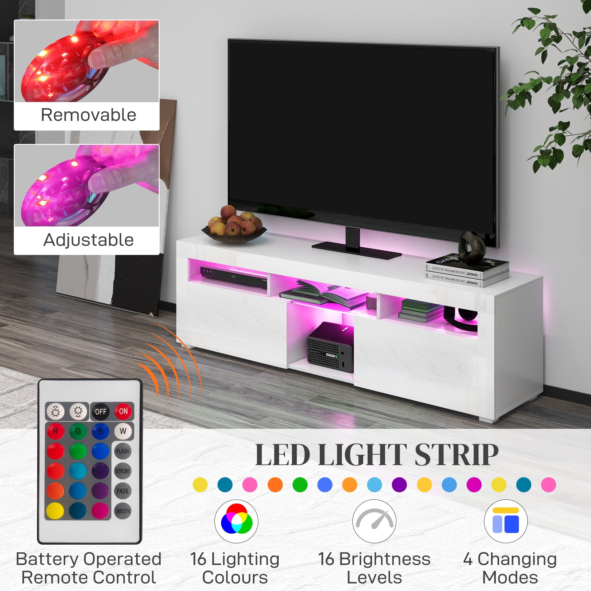 HOMCOM Modern TV Stand with Storage LED Lights for TVs up to 55" TV Cabinet Open Compartments High Gloss White