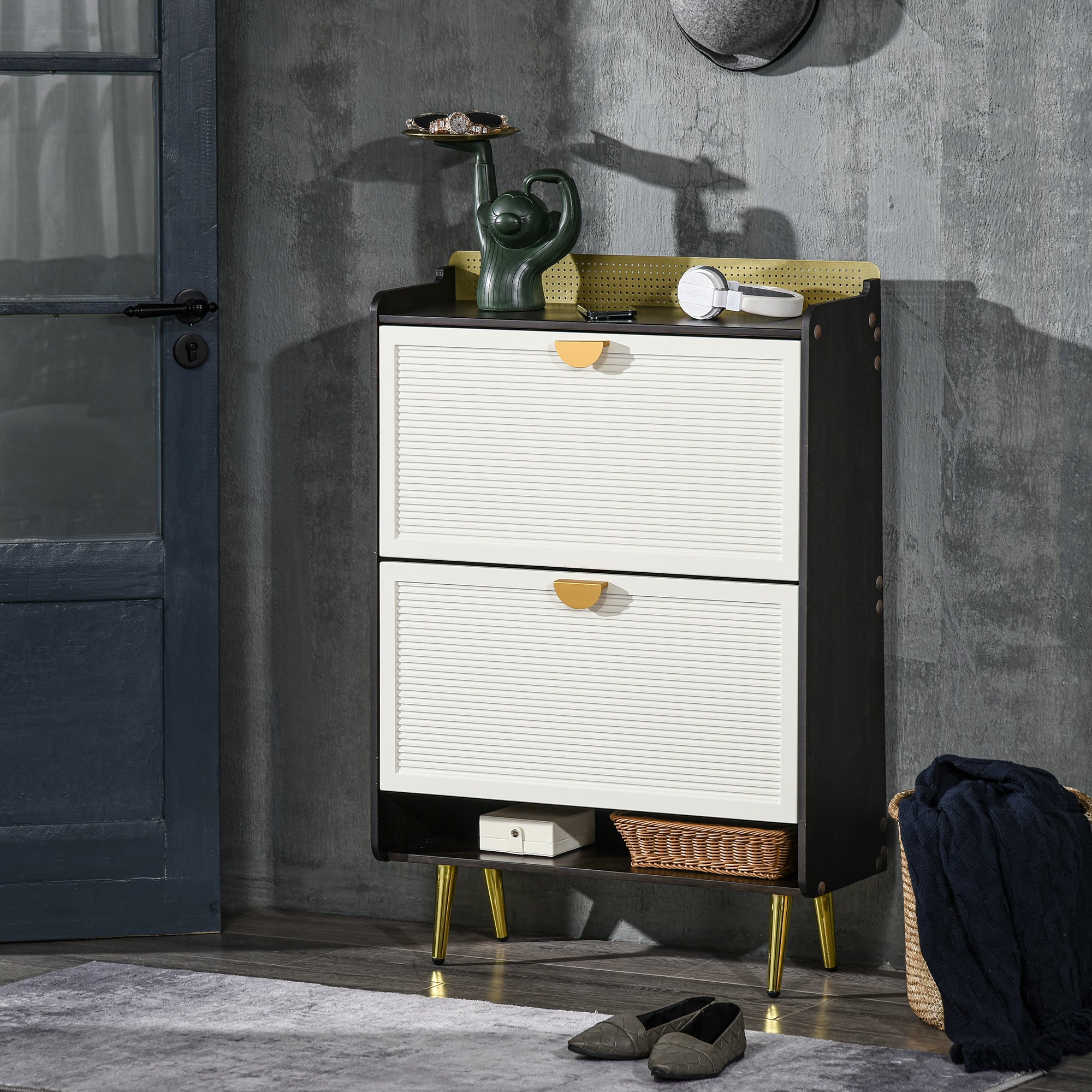 HOMCOM Modern Shoe Cabinet: 2 Flip Drawers, Open Shelf for 12 Pairs Storage Solution in White Finish