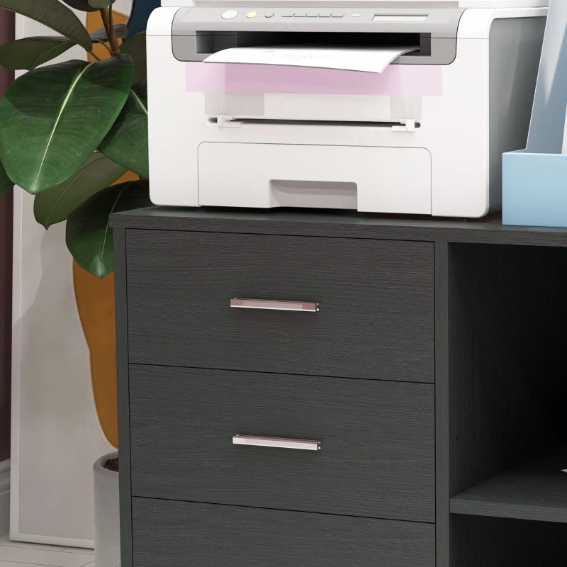 Modern Lateral Filing Cabinet, 3 Drawer File Cabinet for Letter and A4 Size Documents, Mobile, Printer Stand with Open Shelves, Rolling Wheels, Black