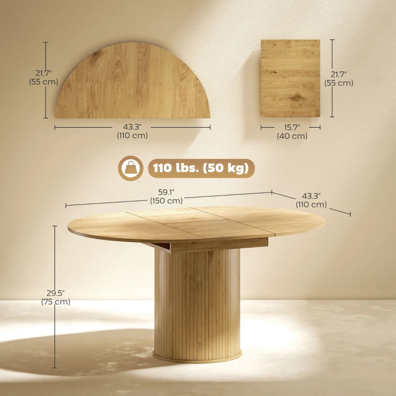 Extendable Kitchen Table for 6-8, 43.5"-59" Farmhouse Dining Table with Pedestal Base Natural Wood Finish