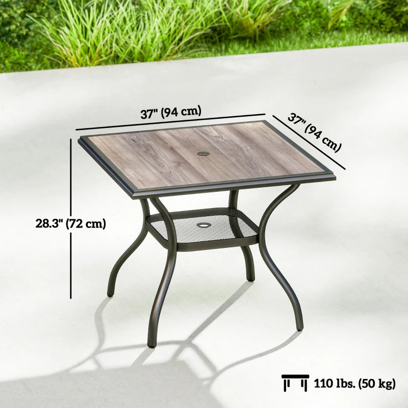 Outdoor Dining Table for 4, Square Patio Table with Umbrella Hole, Shelf, Faux Wood Top for Garden, Backyard, Grey