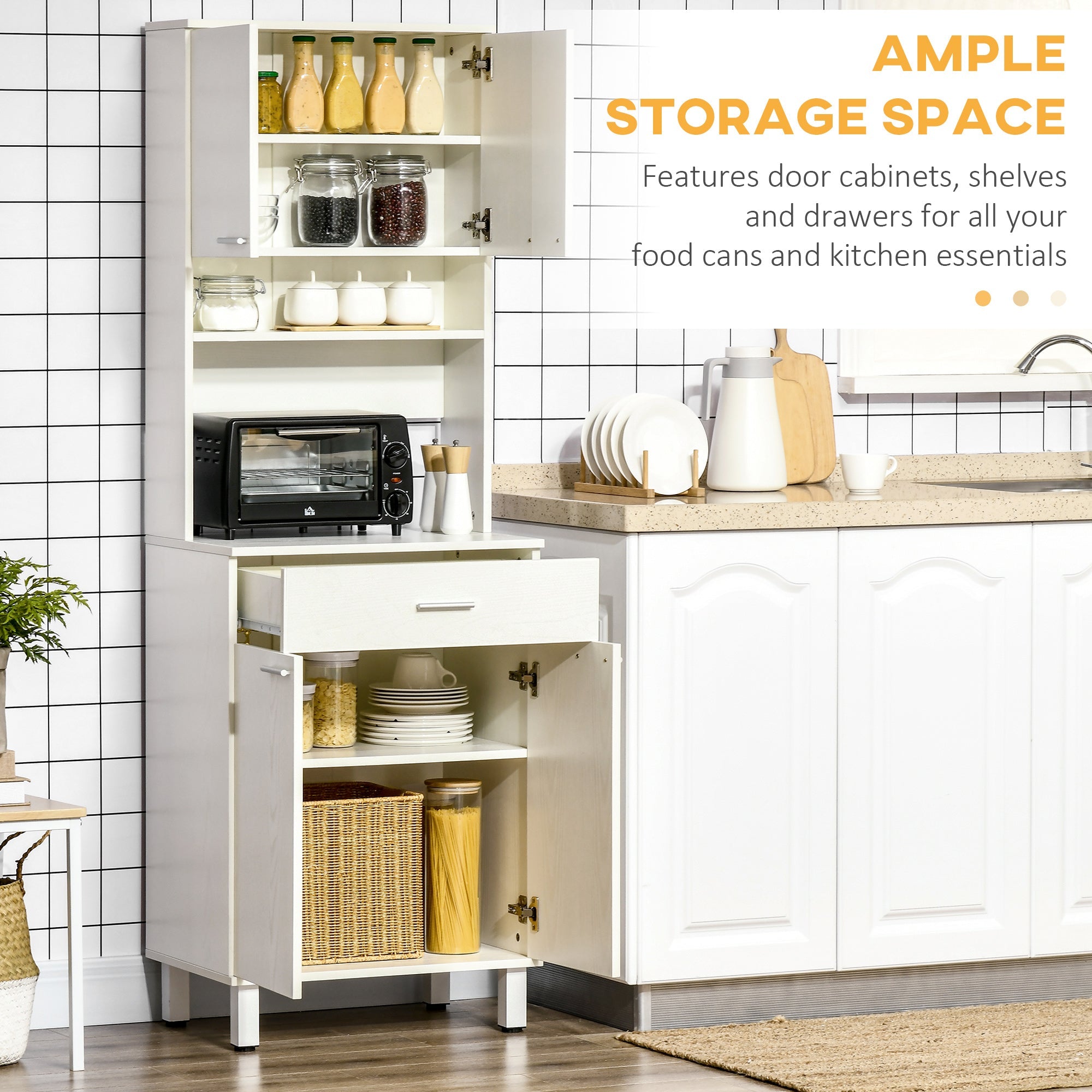HOMCOM White 71"H Kitchen Pantry Cabinet: Freestanding Cupboard with Microwave Stand and Storage Cabinet for Dining Room, Living Room