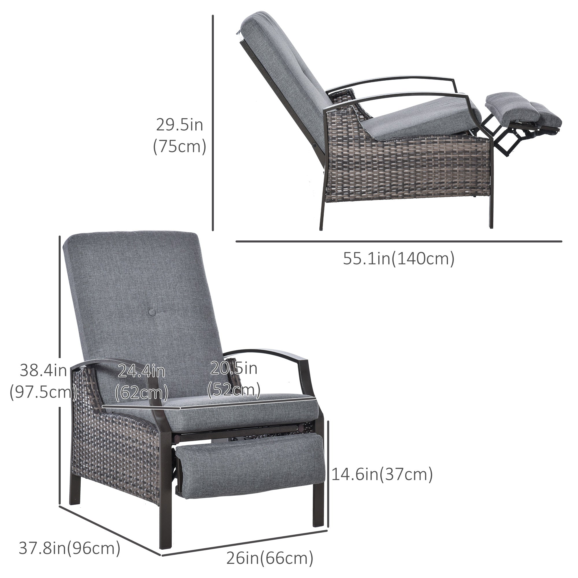 Outsunny Rattan Adjustable Recliner Chair with Hand-Woven All-Weather Wicker for Patio, Outdoor, Garden, Poolside, Grey