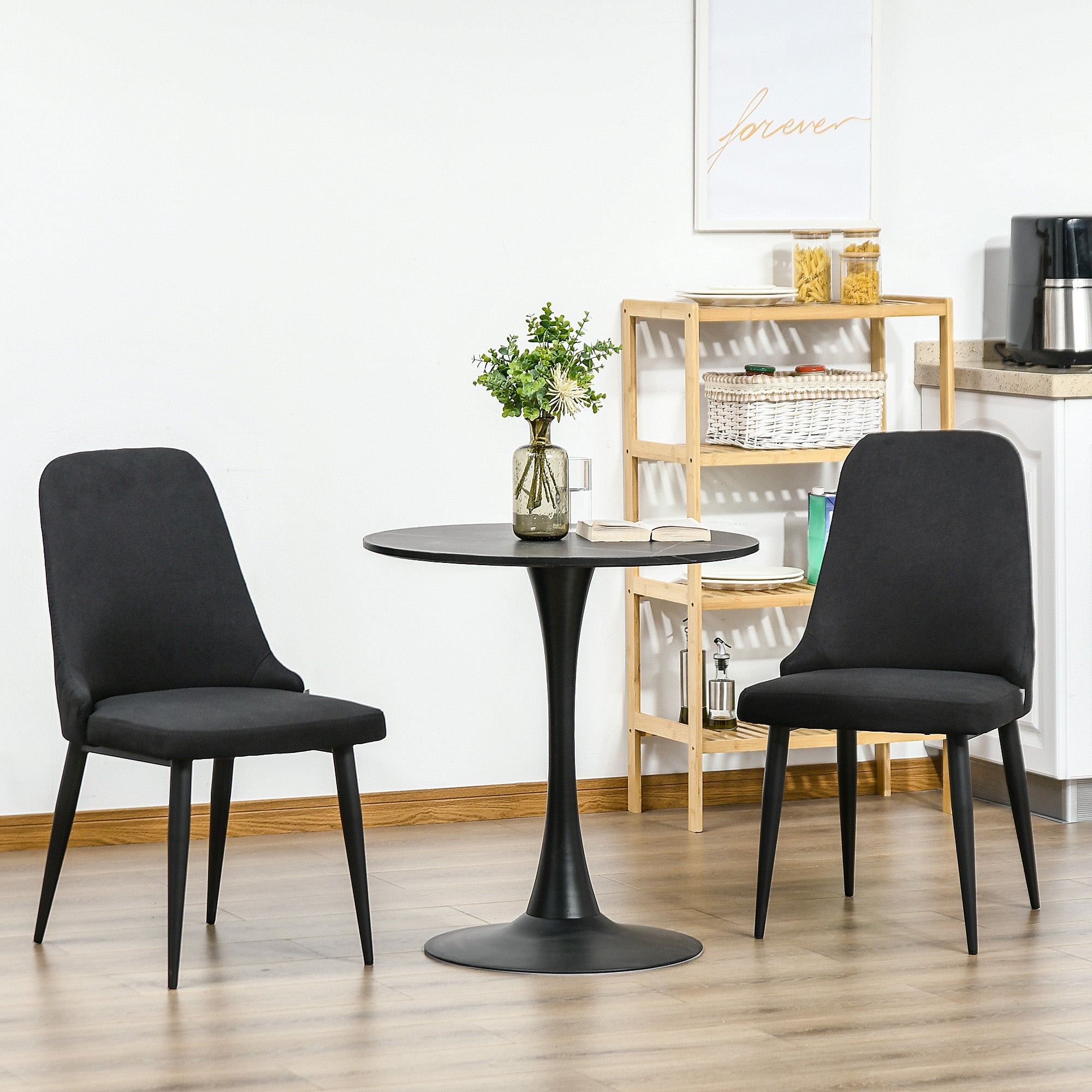 HOMCOM Set of 2 Modern Dining Chairs Black Fabric Upholstered Side Chairs with Metal Legs for Kitchen Living Room Elegance