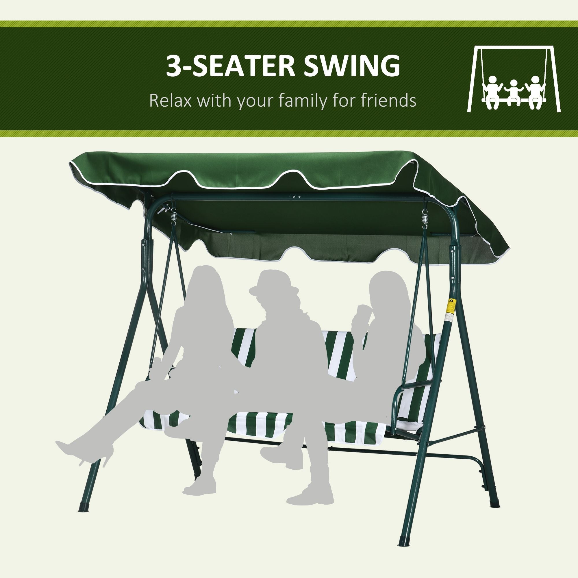 Outsunny 3-Seater Outdoor Porch Swing with Adjustable Canopy Patio Swing Chair for Garden Poolside Backyard Green and White