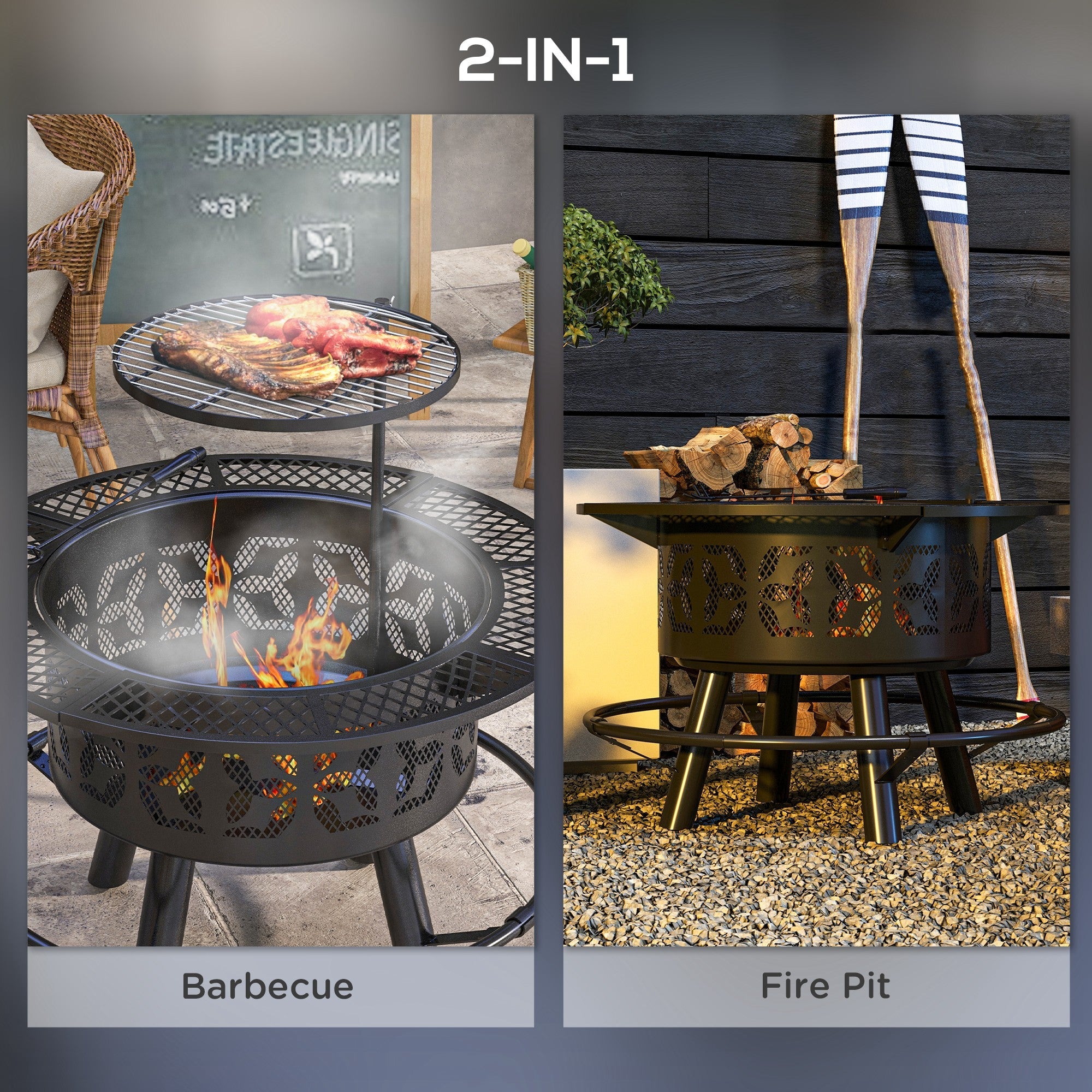 Outsunny Portable Fire Pit BBQ Grill Wood Burning Adjustable Grate Poker 33" Black