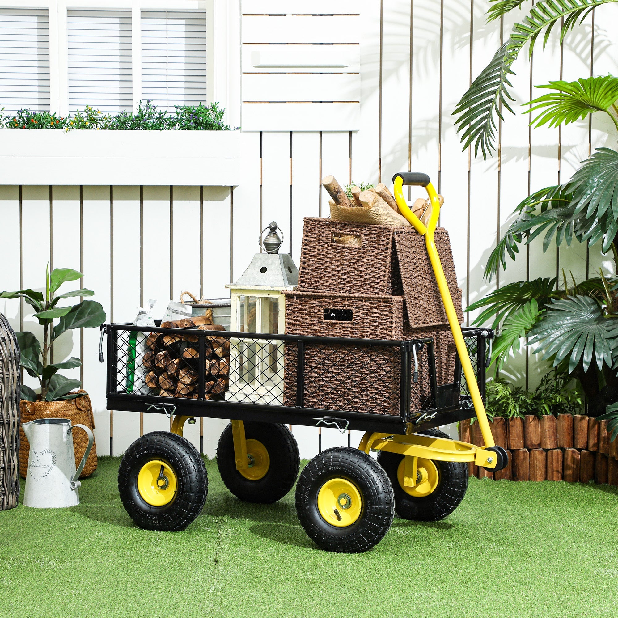 Outsunny Steel Garden Cart, Utility Wagon with Removable Sides, 10" Wheels, 180° Rotating Handle, 440lbs Capatity
