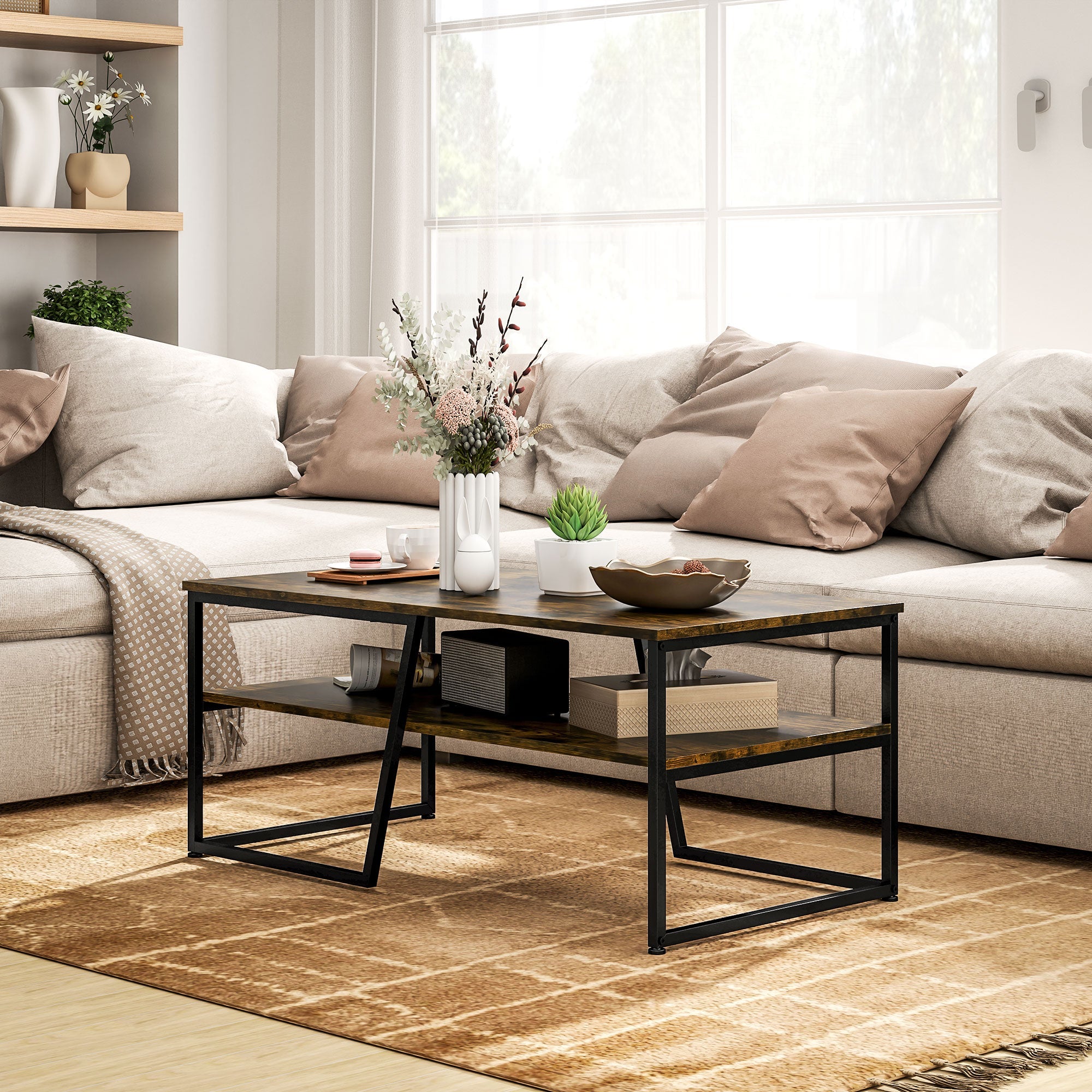 HOMCOM Rustic Brown Coffee Table with Shelf: Center Table with Steel Frame, Adjustable Foot Pads for Living Room