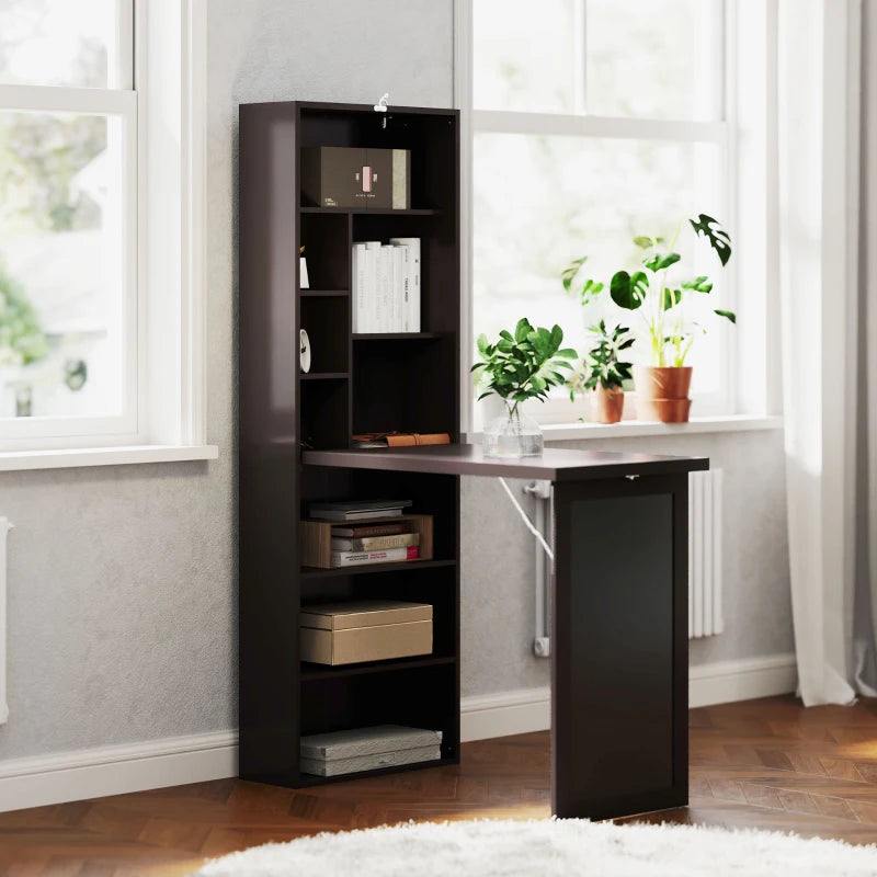 Fold-out Convertible Office Desk, Wall Mount Computer Desk with Blackboard and Side Shelf, Brown