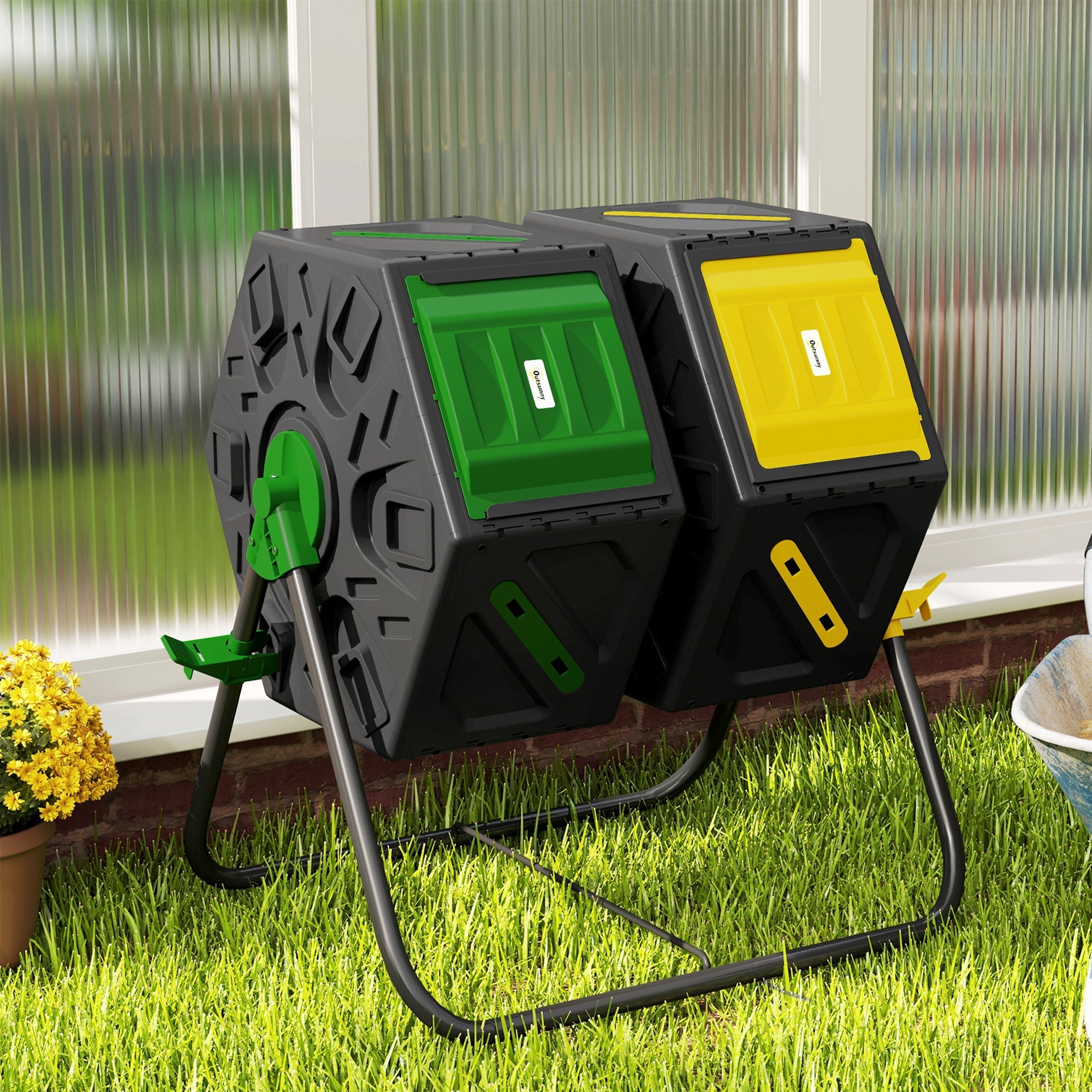 Outsunny Rotating Composter, Dual Chamber Compost Bin with 24 Vents and Steel Legs, 34.5 Gallon, Yellow and Green