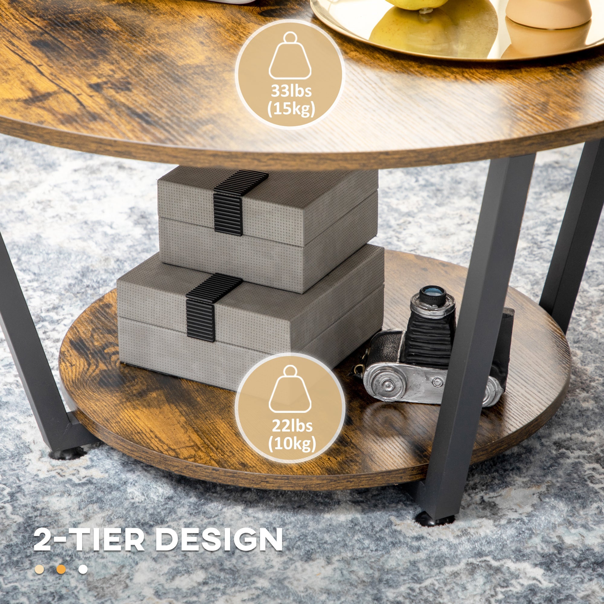 HOMCOM Rustic Brown Round Coffee Table: Center Table with Storage Shelf and Steel Frame for Living Room