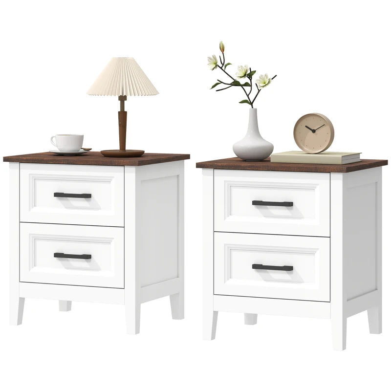 HOMCOM Farmhouse Nightstand Set of 2 with 2 Drawers, Wood-Effect Top Bedside Tables for Bedroom & Living Room – White