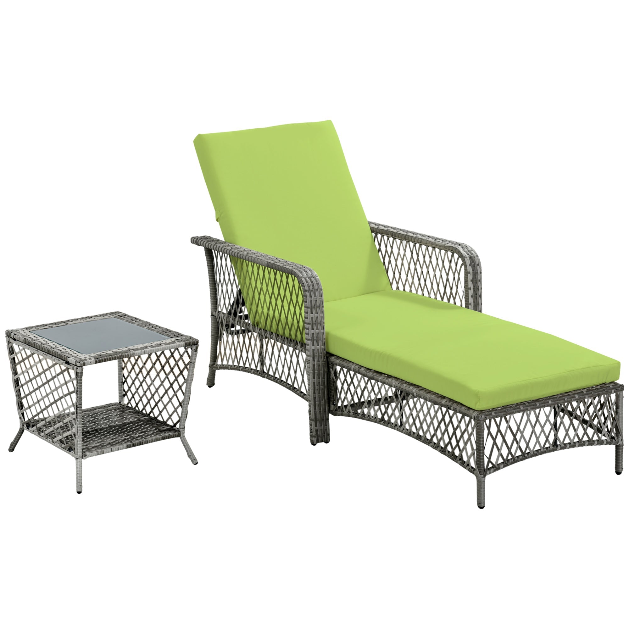 Outsunny Rattan Sun Lounger Set 2PC Deluxe Outdoor Recliner PE Wicker Patio Garden Chaise Green