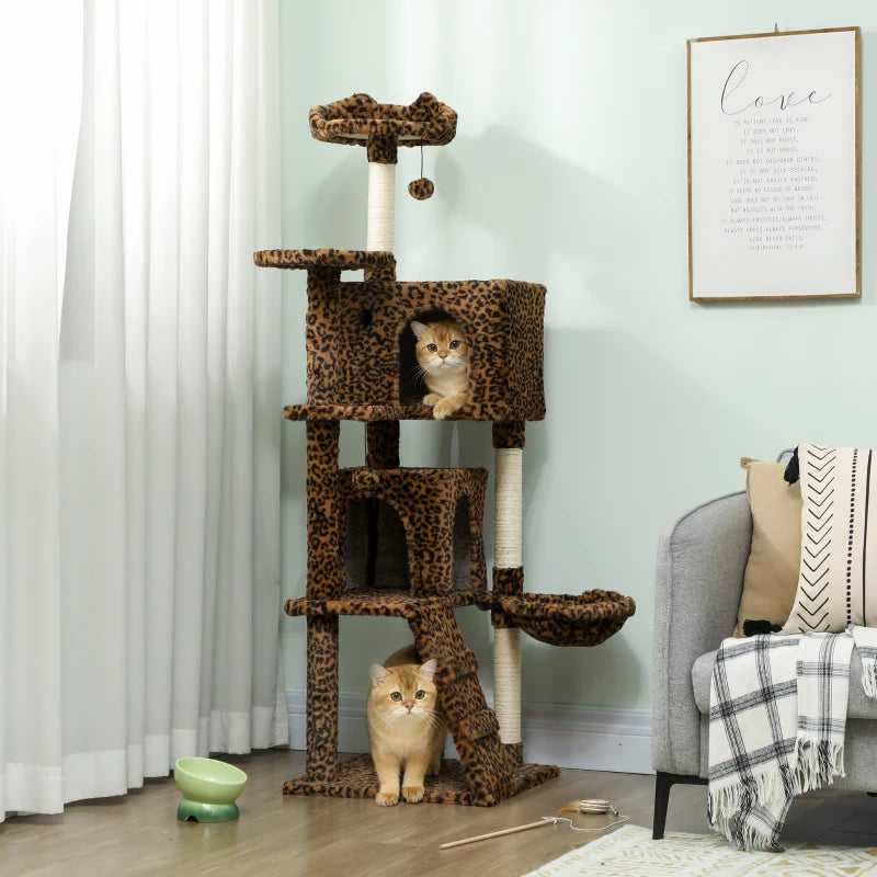 63 Inch Cat Tree with Sisal Scratching Posts, Condos, Plush Perches, Hammock, Ladder, Dangling Balls, Leopard Print