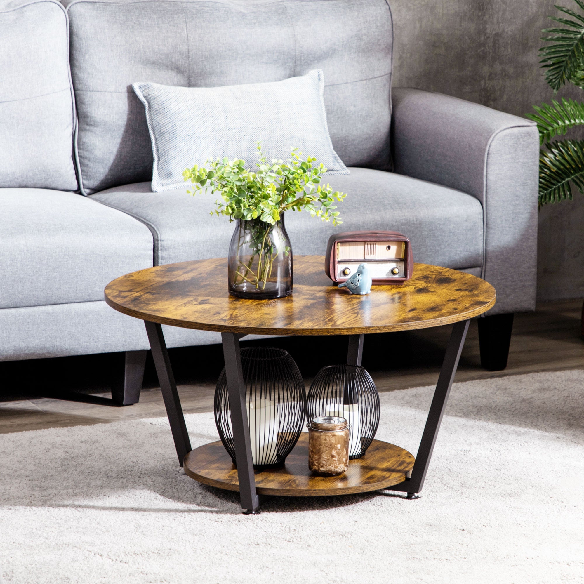 HOMCOM Rustic Brown Round Coffee Table: Center Table with Storage Shelf and Steel Frame for Living Room