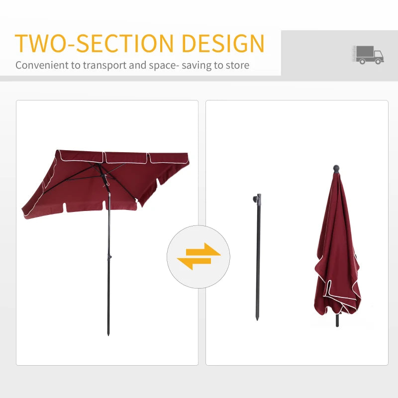 6.5x4ft Rectangle Patio Umbrella Aluminum Tilt Adjustable Garden Parasol Sun Shade Outdoor Canopy Wine Red