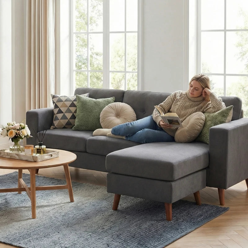 Sectional Sofa with Changeable Chaise Lounge, 3 Seat L-Shaped Small Space Sofa, Upholstered Couch for Small Space, Dark Grey