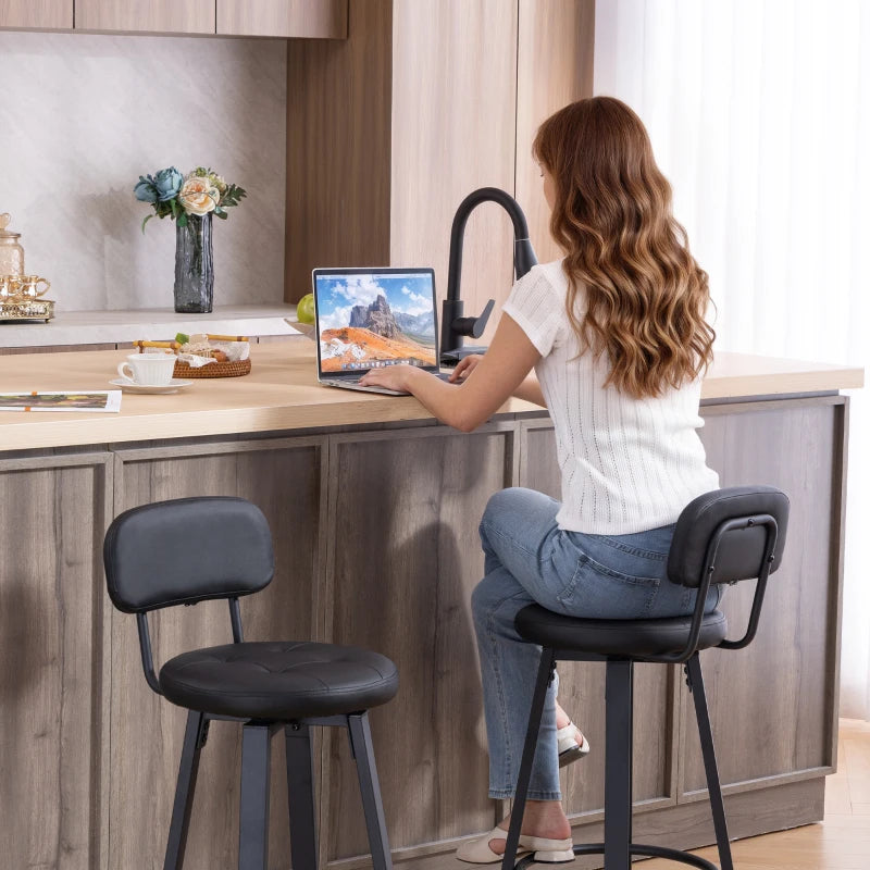 Bar Stools Set of 2, Upholstered Breakfast Bar Chairs with Footrest and Backrest for Kitchen Counter, Black