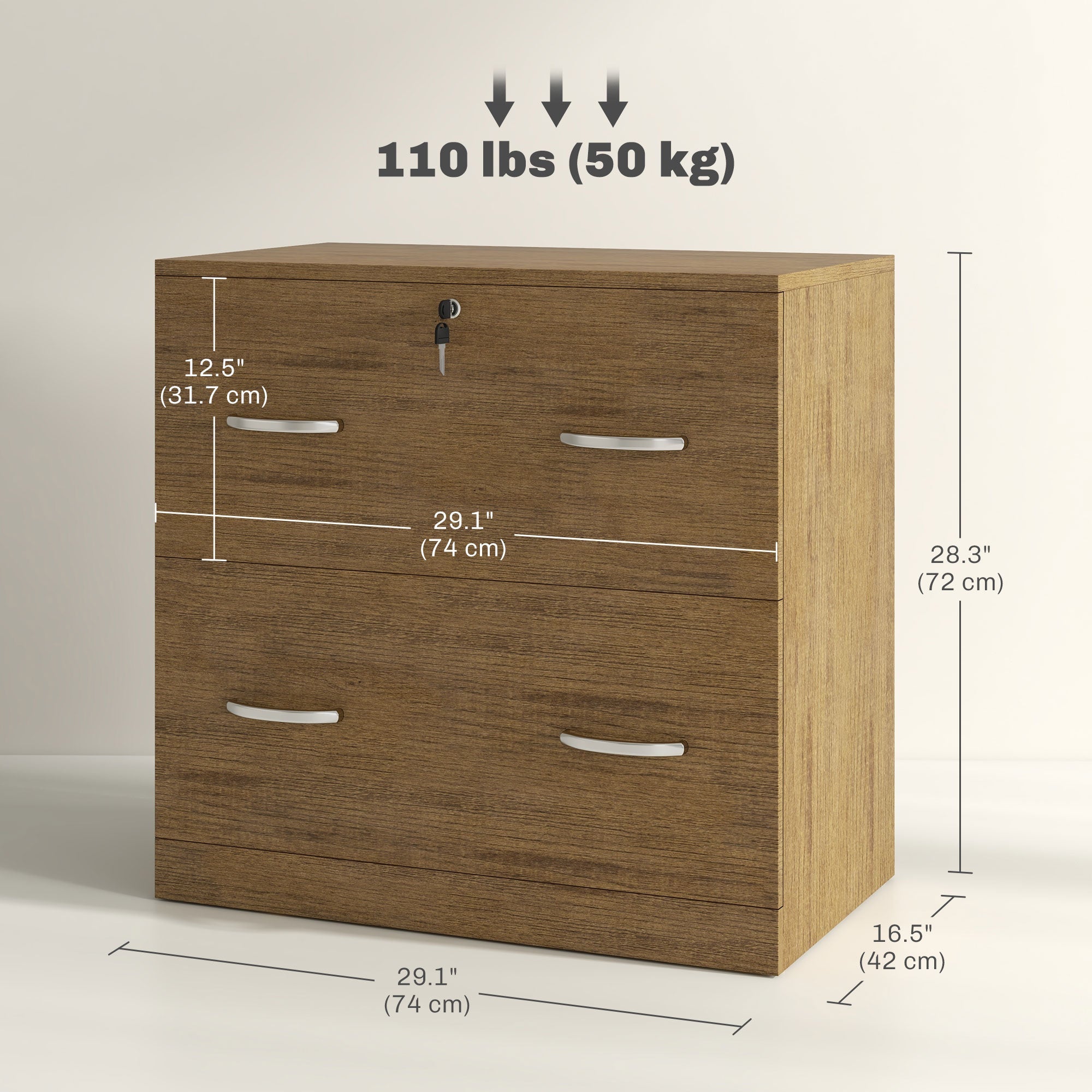 Vinsetto 2 Drawer File Cabinet with Lock, Office Filing Cabinet, Hanging Bar for Letter Size, Home Office, Light Brown