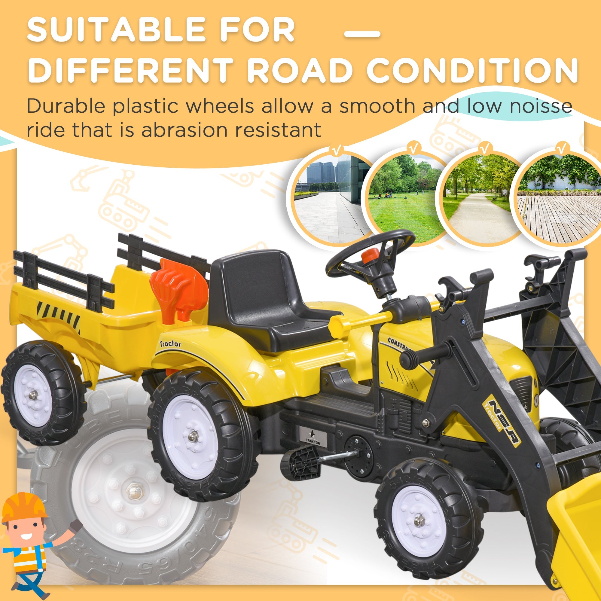 Aosom Front Loader Excavator Ride On Toy Pedal Control W/ 6 Wheels Controllable Bucket for 3-6 Years old
