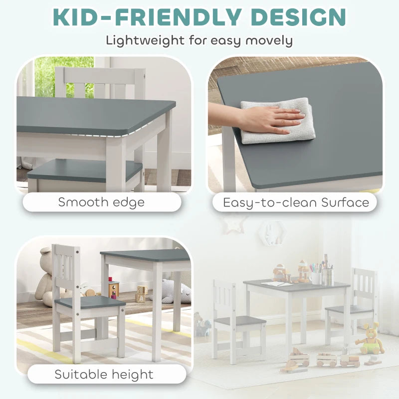 Qaba Kids Table and Chairs Set, Toddler Table and 2 Chair Set for Activity, Art, Craft, Reading, Learning, Grey
