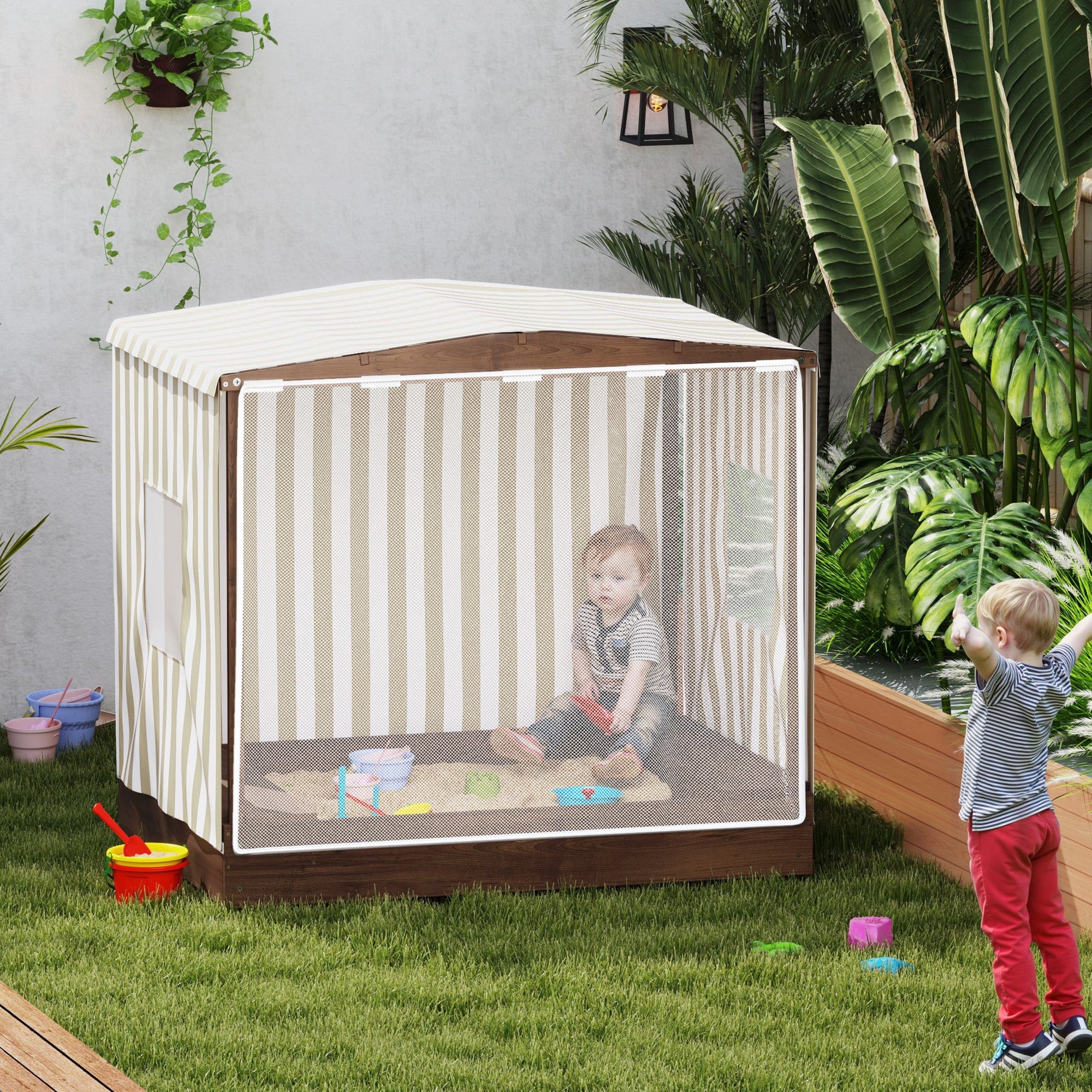 Qaba Kids Sandbox with Full Covered Canopy, Bench Seats, Bottom Liner, for Ages 3-6, 56" x 40" x 52", Brown