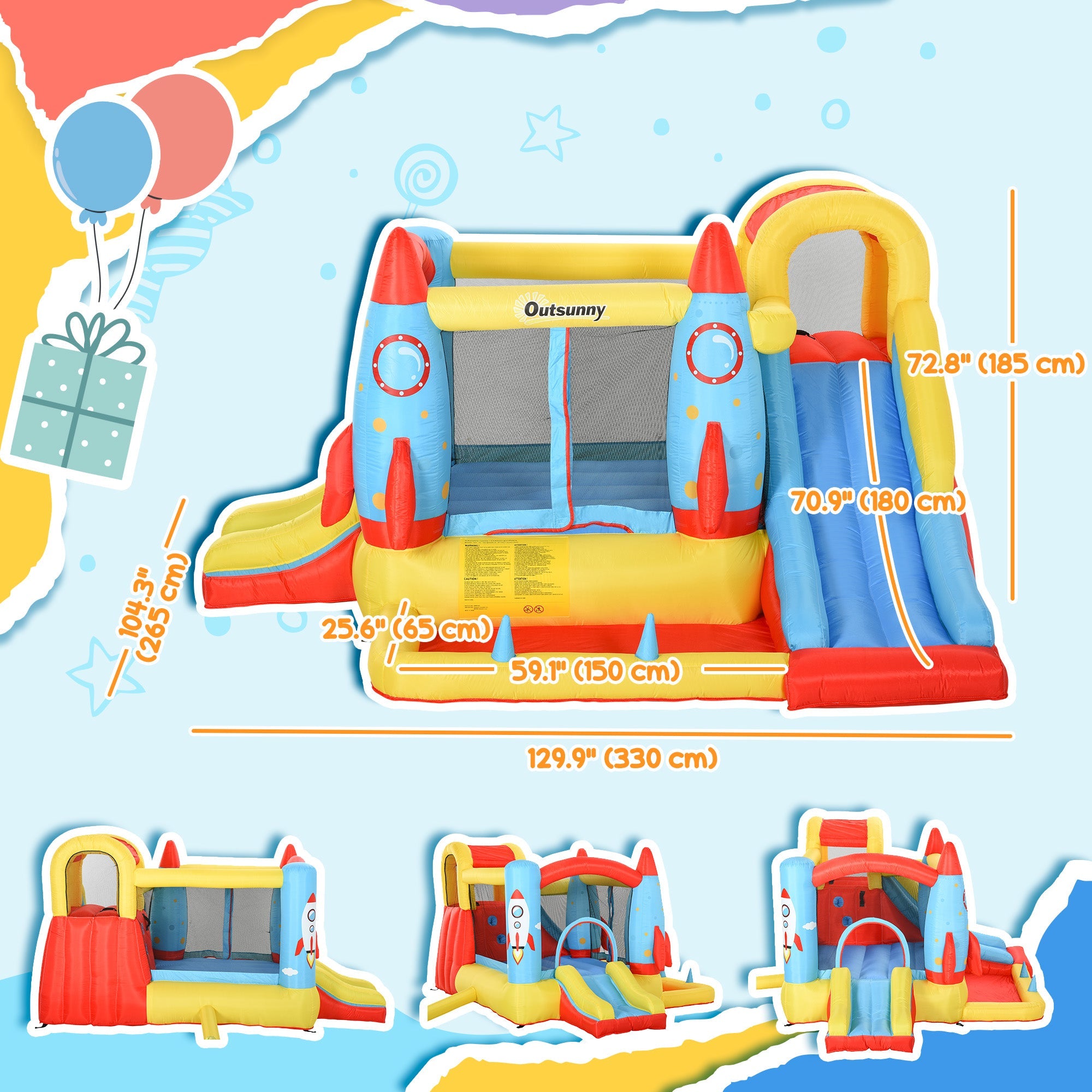 Outsunny Inflatable Kids Bouncy House, 4-in-1 Trampoline Bounce Castle with Slide & Water Pool, Includes Inflator, Ages 3-10
