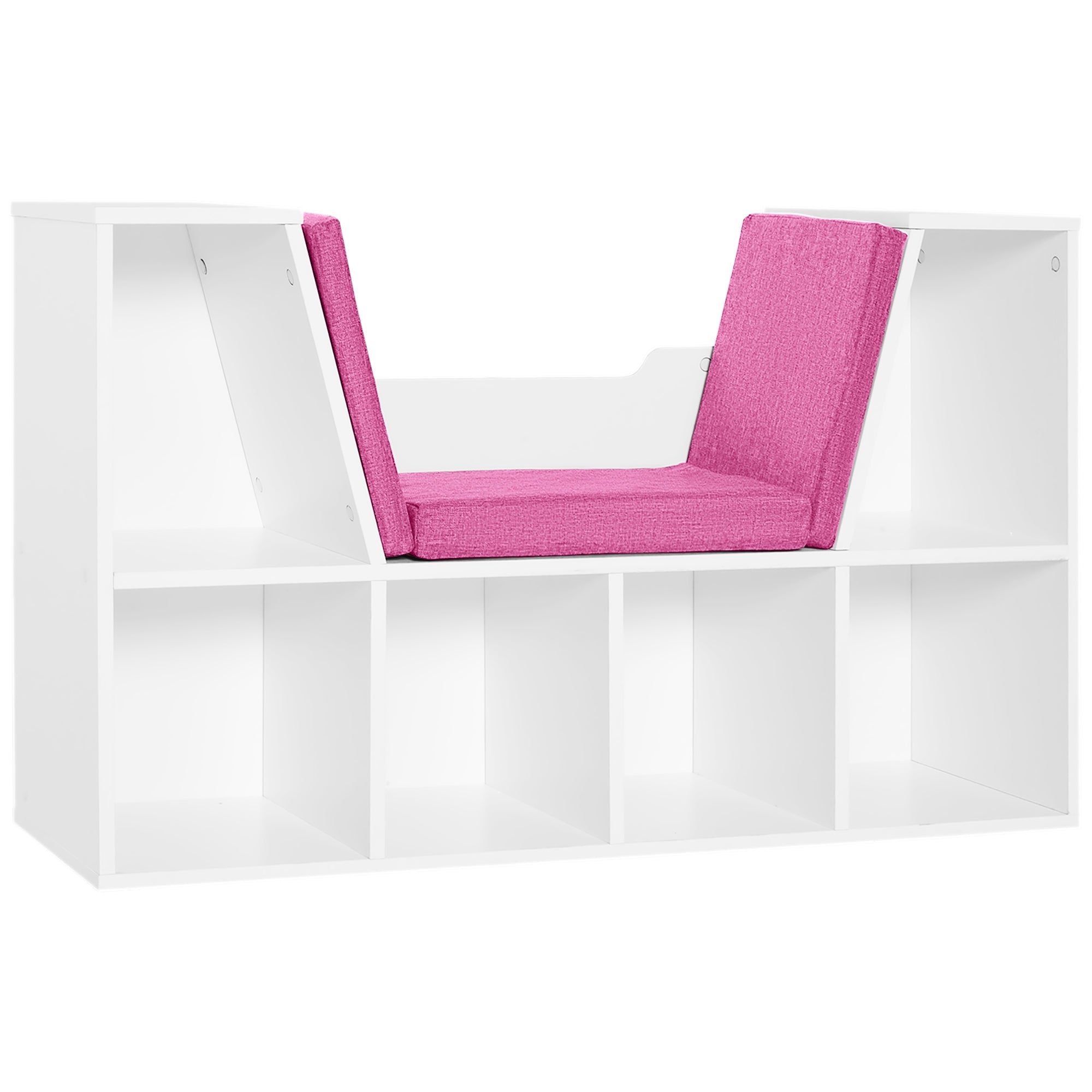HOMCOM 6-Cubby Kids Bookcase with Cushioned Seat Reading Nook Multi-Purpose Storage Organizer Cabinet Shelf, White Pink