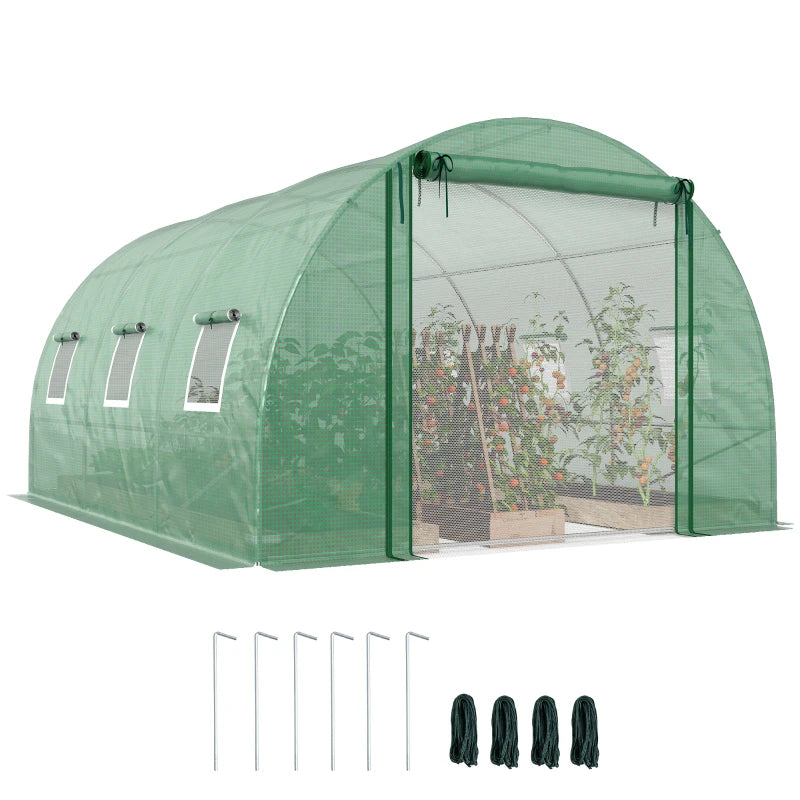 Walk-in Tunnel Greenhouse, Plant Hot House w/ Support Rods, Roll-up Mesh Door, Mesh Windows, 13'x9.8'x6.6', Green