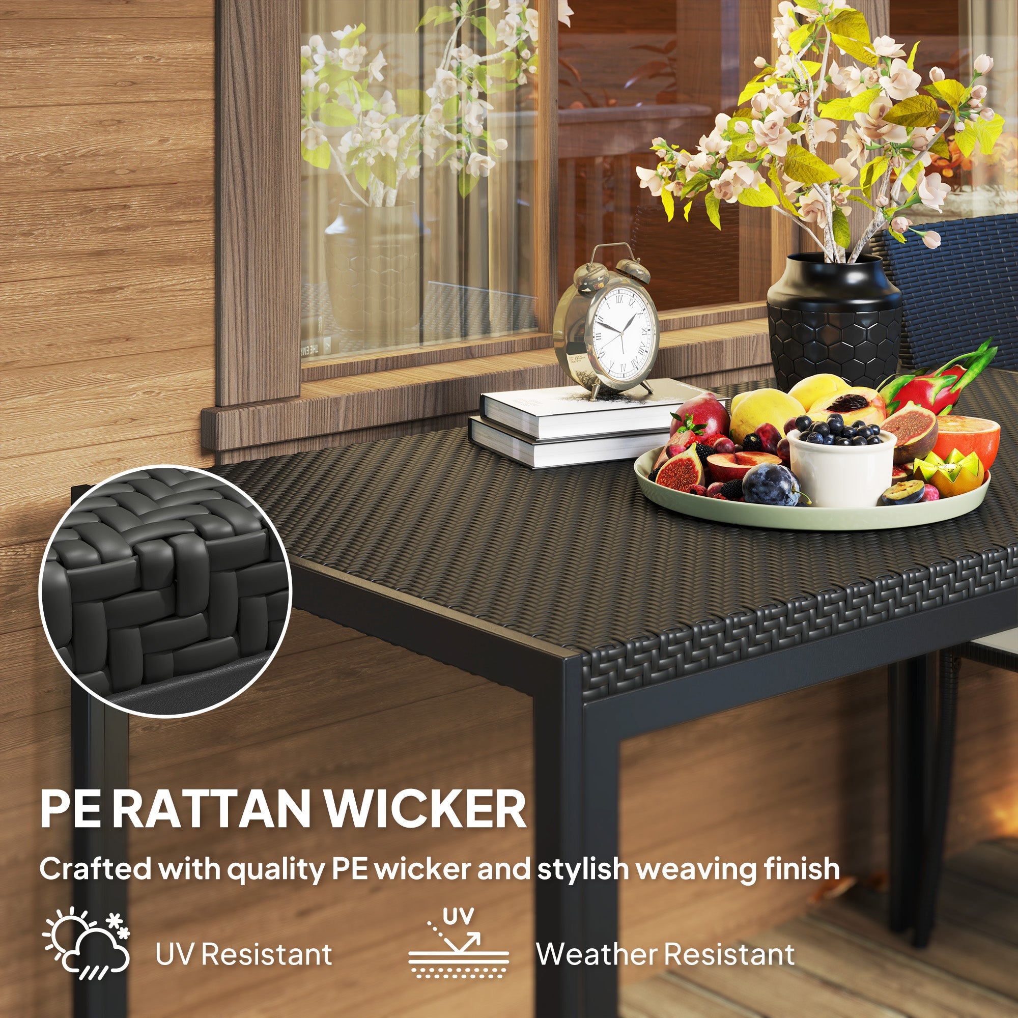 Outsunny Rectangular Outdoor Dining Table, 4-Seat Patio Table with PE Rattan Wicker Tabletop for Backyard and Lawn, Black