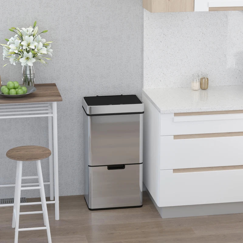 Sensor Trash Can, 19 Gallon Stainless Steel Kitchen Garbage Can with 3 Compartments, Removable Inner Buckets, Silver