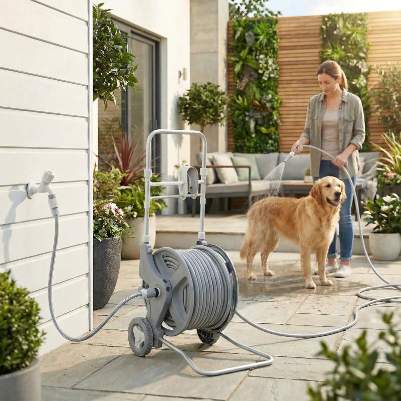 Hose Reel Cart with Wheels, 1/2" x 148ft Garden Hose Reel with 2 Patterns Nozzle, Faucet Adaptors, Rewind Handle, Grey