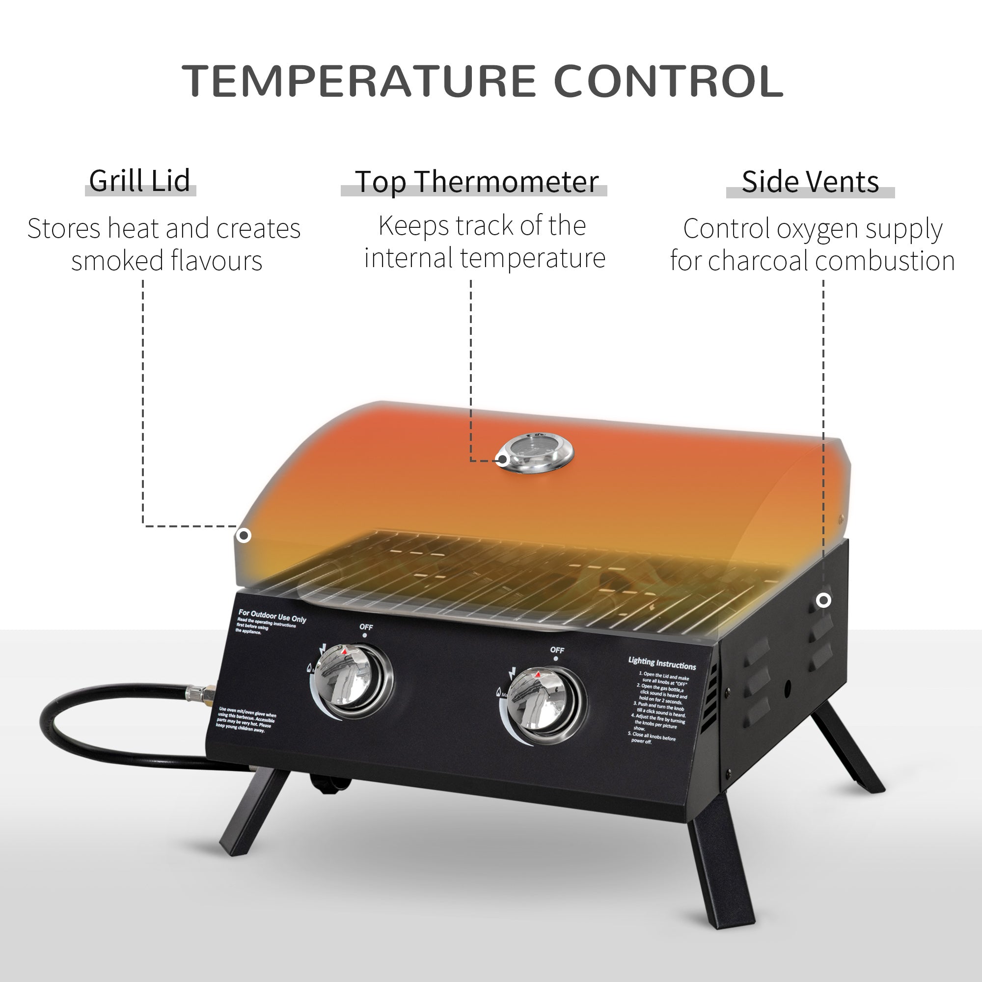 Outsunny 2 Burner Propane Gas Grill Outdoor Portable Tabletop BBQ with Foldable Legs, Black