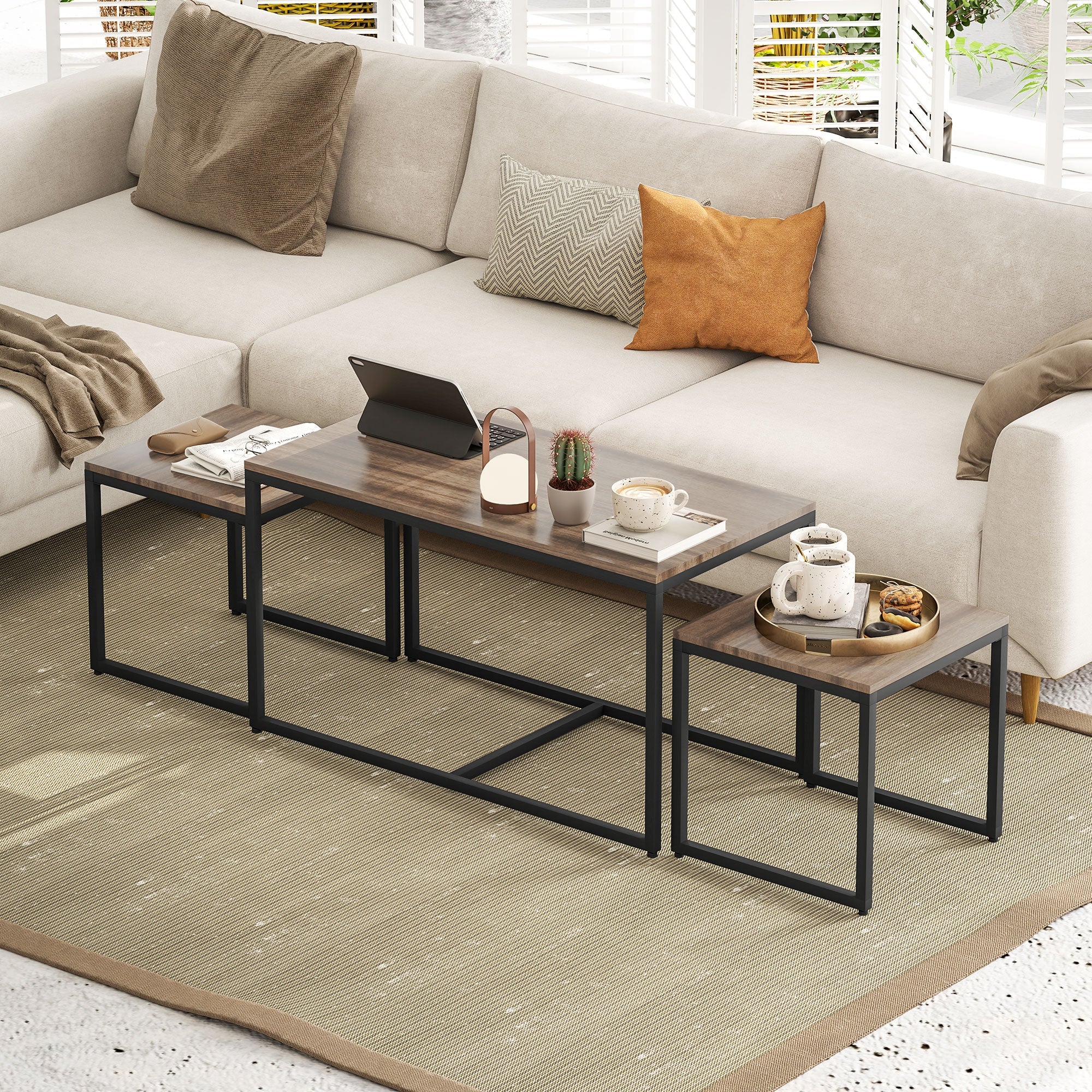HOMCOM Nesting Coffee Table Set of 3, Modern End Tables with Black Metal Frame for Living Room Home Furniture, Brown