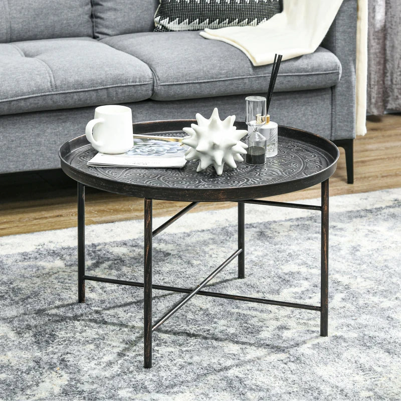 Vintage Coffee Table for Living Room, 24" Round Center Table with Hammered Tray Top and Metal Frame, Pewter