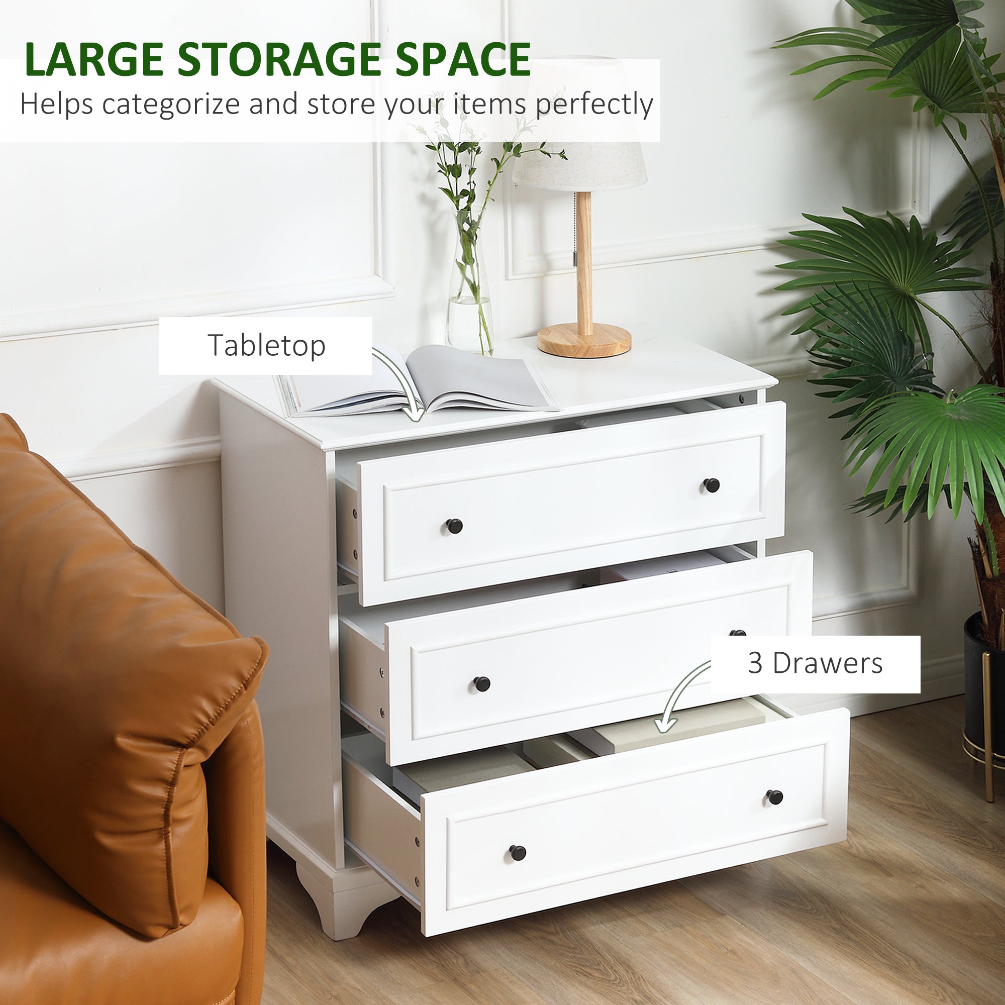 HOMCOM Elegant 3-Drawer Dresser Storage Tower Cabinet for Bedroom Hallway Modern Chest of Drawers White