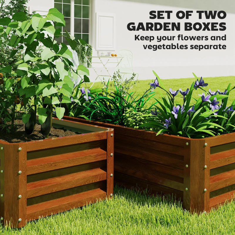 Galvanized Raised Garden Beds, Outdoor Planter Box, Set of 2, for Flowers, Herbs and Vegetables, Brown Wood Effect