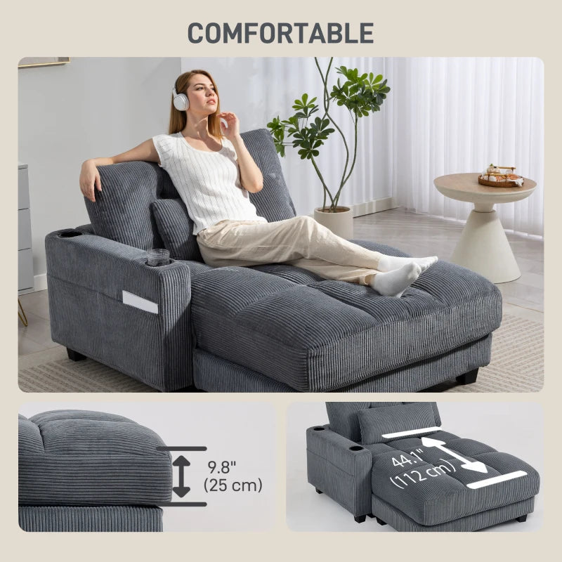 58" Chaise Lounge Indoor, Oversized Corduroy Sofa Bed with 2 Cup Holders, Pillow, Deep Seat Sleeper Couch, Dark Grey