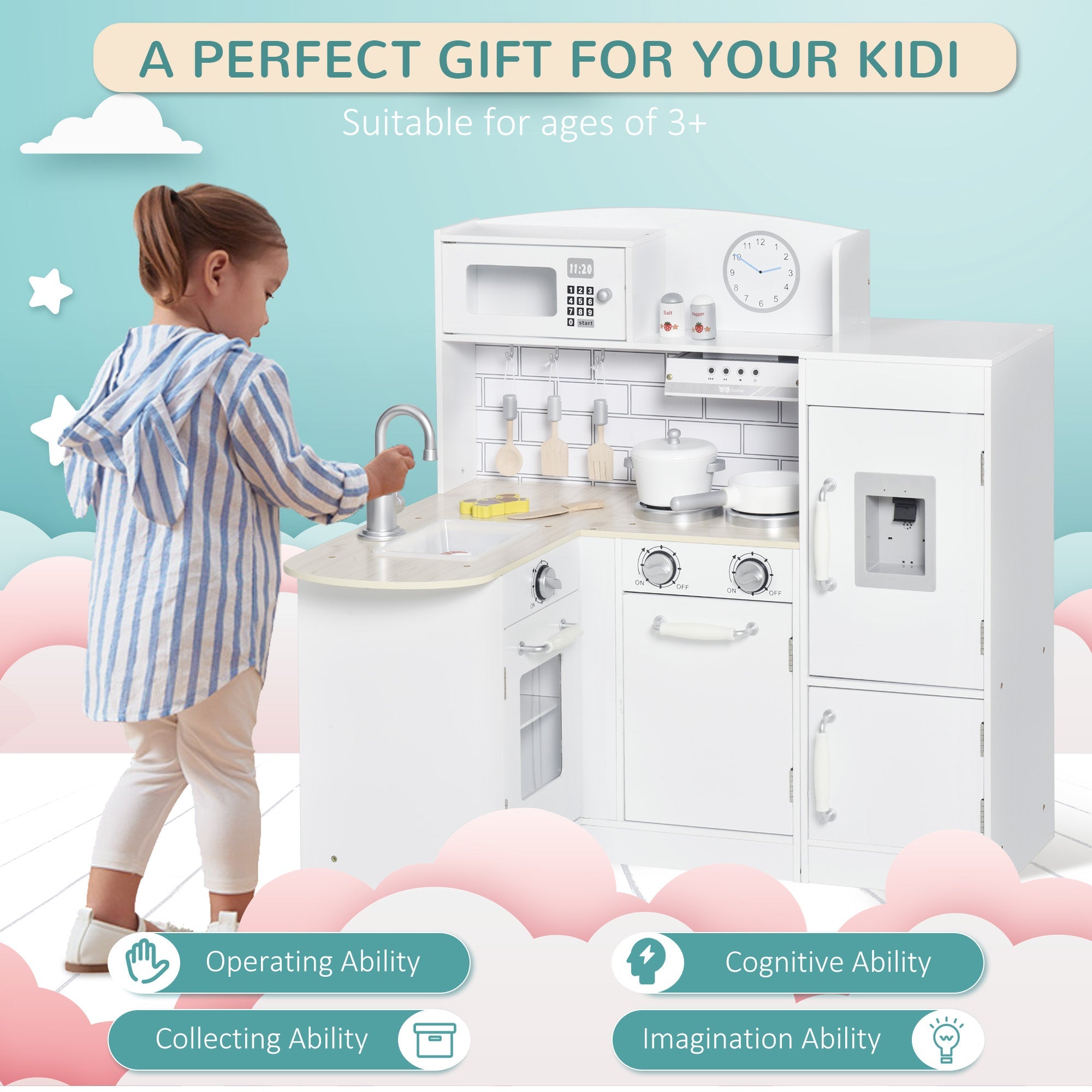 Qaba Play Kitchen Set for Kids - White Cooking Toy with Drinking Fountain, Microwave, Fridge & Accessories